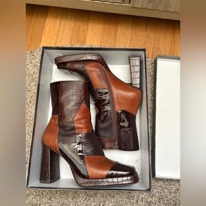 JEFFREY CAMPBELL Maximal Lo Platform Bootie In Dark Brown Combo Leather